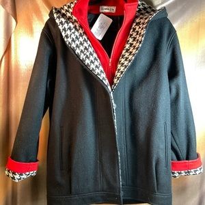 80’s layered style wool jacket.‎ Houndstooth  and red accents Size 8 48” chest.